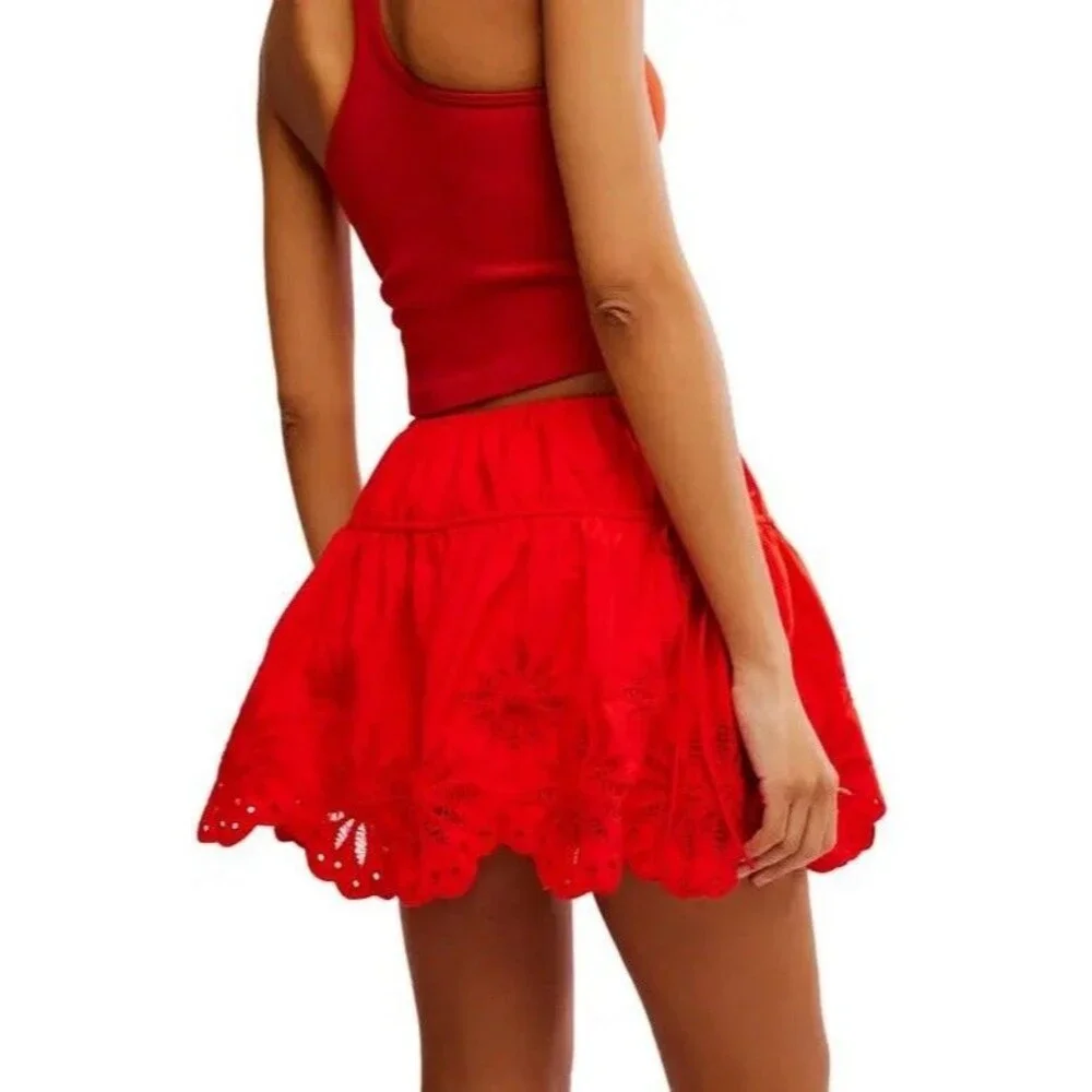 Free People Red Cotton Eyelet Mini Skirt Women Sz S Ruffle Tie Side Resort NWOT